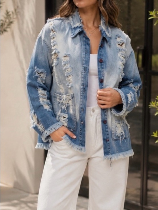Vibrant Jackets & Blazers - Vibrant Washed Blue Distressed Denim Jacket